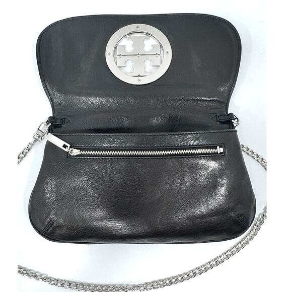 TORY BURCH Reva Black Leather Clutch Convertible Bag Silver Chain Strap - Picture 4 of 14